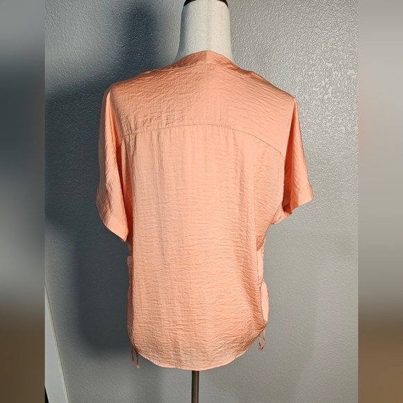Chicos Peach V-Neck Silky Short Sleeve Blouse - Picture 12 of 16